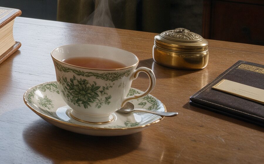 A cup of tea beside a leather notebook on a wooden desk